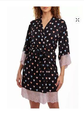 NEW XS Macy's iCollection Tobey Modal Multi Hearts Robe Contrast Lace Tie Sash